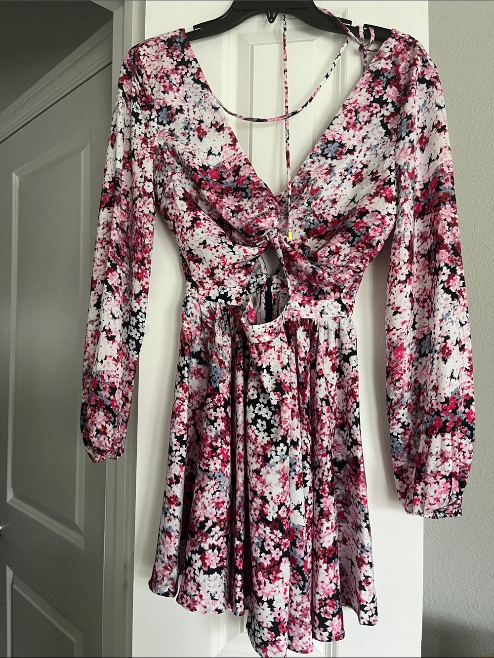 Floral Tie-Front Long Sleeve Mini Dress in Pink